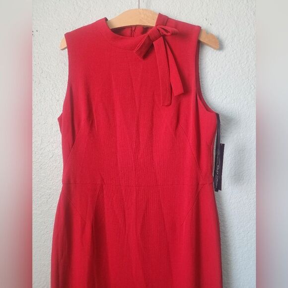 Maggy London Red Ruffled Mock Neck High Low Hem Cocktail Dress - Picture 3 of 10